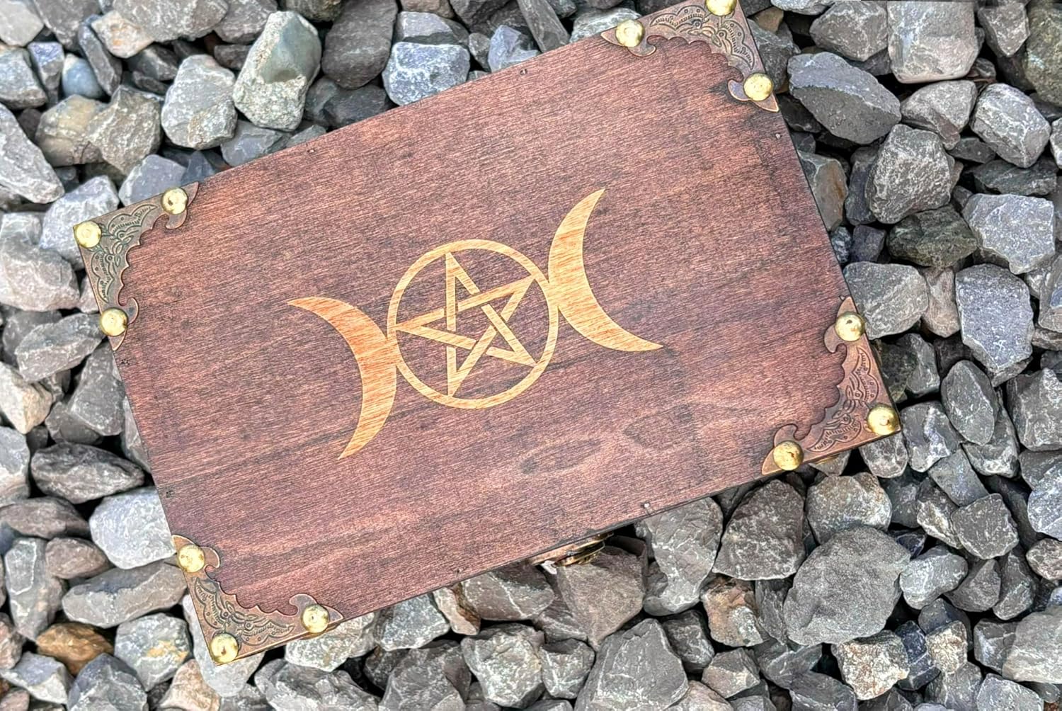 Triple Moon Goddess Pentagram Engraved Wooden Chest with Velvet Lining Wiccan Accessories and Tool Storage Keepsake Jewelry Organizer
