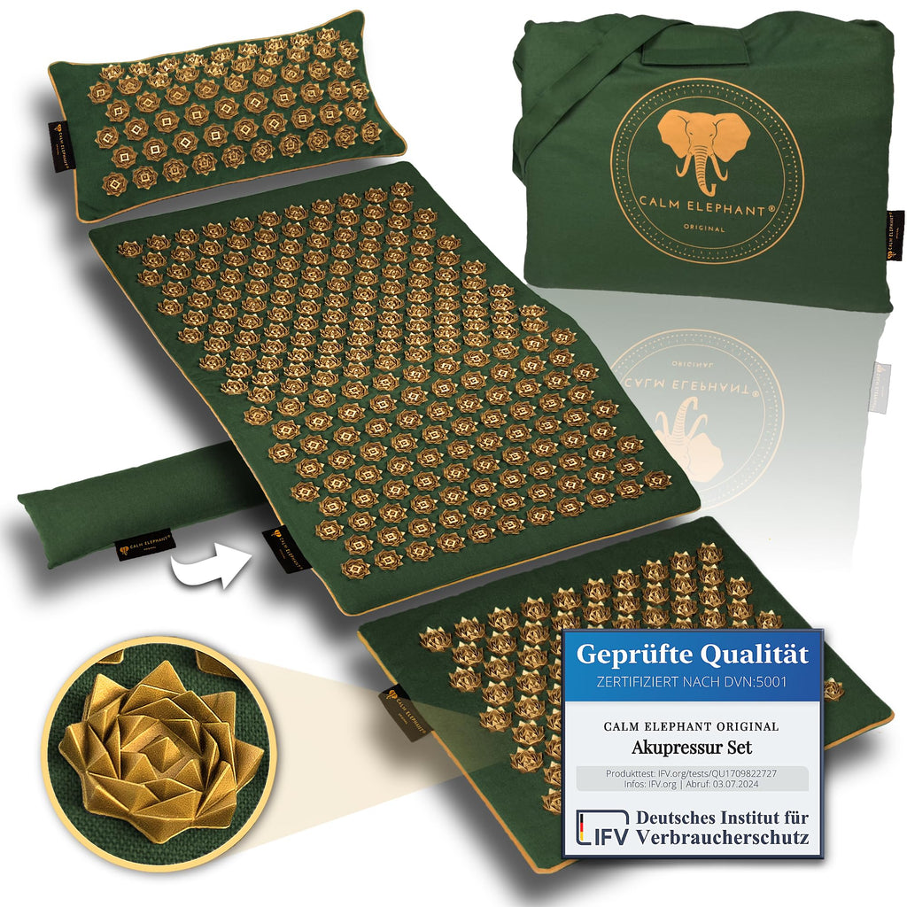 CALM ELEPHANT ORIGINAL® Akupressurmatte mit Kissen XXL Set GENUINE 5-teilig, Massagematte Rücken, Verspannungen lösen, Akupunktur Matte, Kissen mit Wärmefunktion, Lendenkissen, Fußmatte & Tasche, grau
