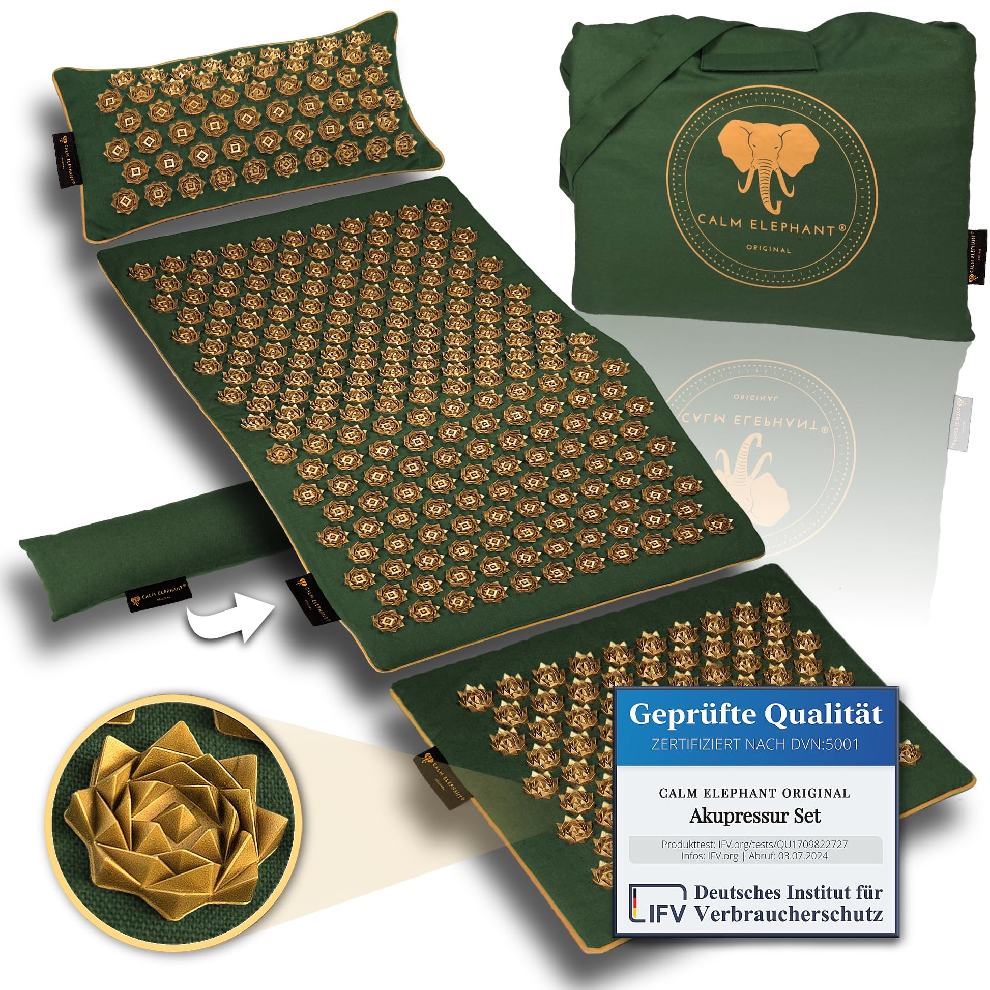 CALM ELEPHANT ORIGINAL® Akupressurmatte mit Kissen XXL Set GENUINE 5-teilig, Massagematte Rücken, Verspannungen lösen, Akupunktur Matte, Kissen mit Wärmefunktion, Lendenkissen, Fußmatte & Tasche, grau