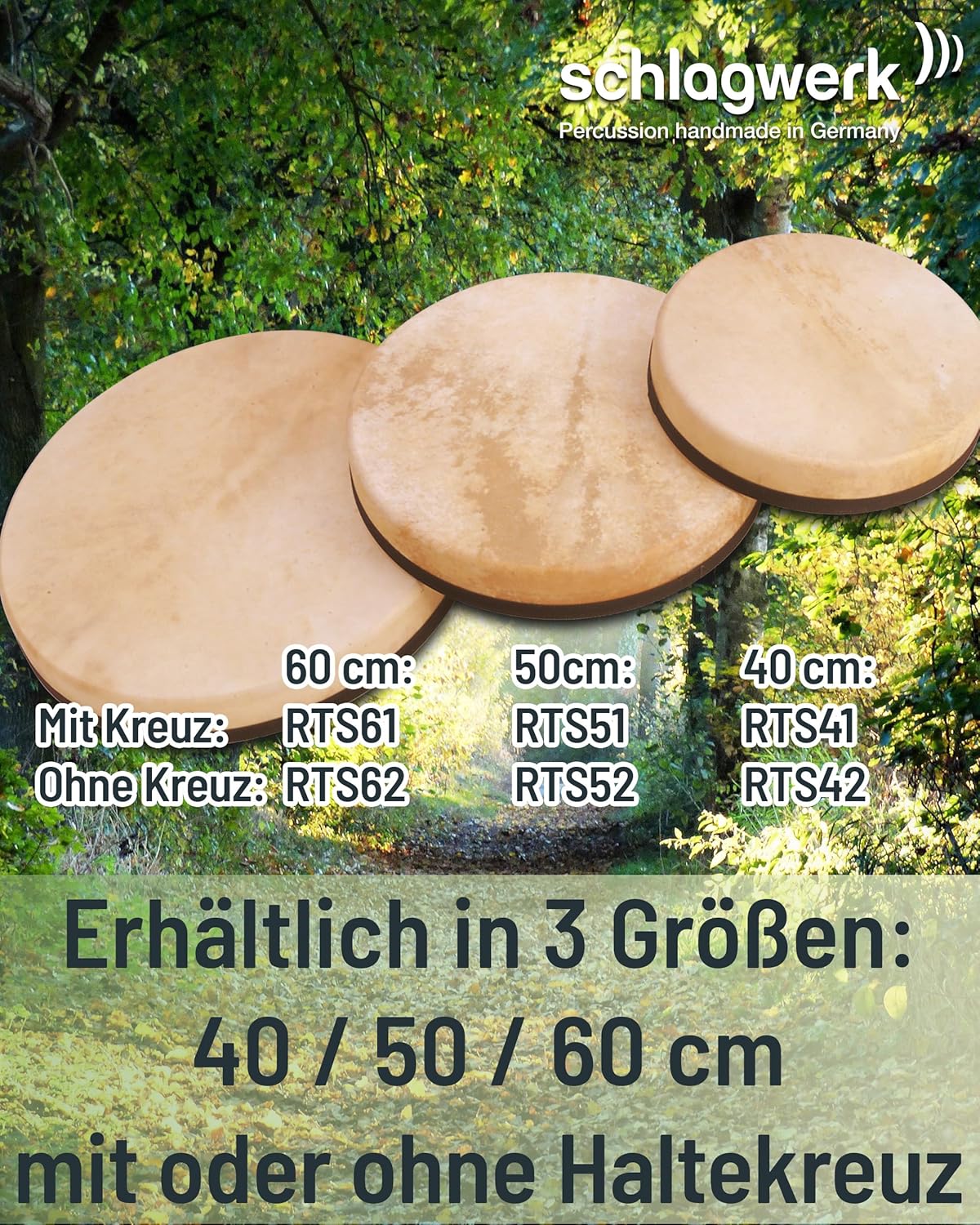 Schlagwerk RTS62 Rahmentrommel Frame Drum Natural -Handtrommel ohne Haltekreuz - ⌀ 60 cm / 24 Zoll / 8 cm hoch - Ziegenfell, stimmbar - Buchenholz - Schamanentrommel Made in Germany