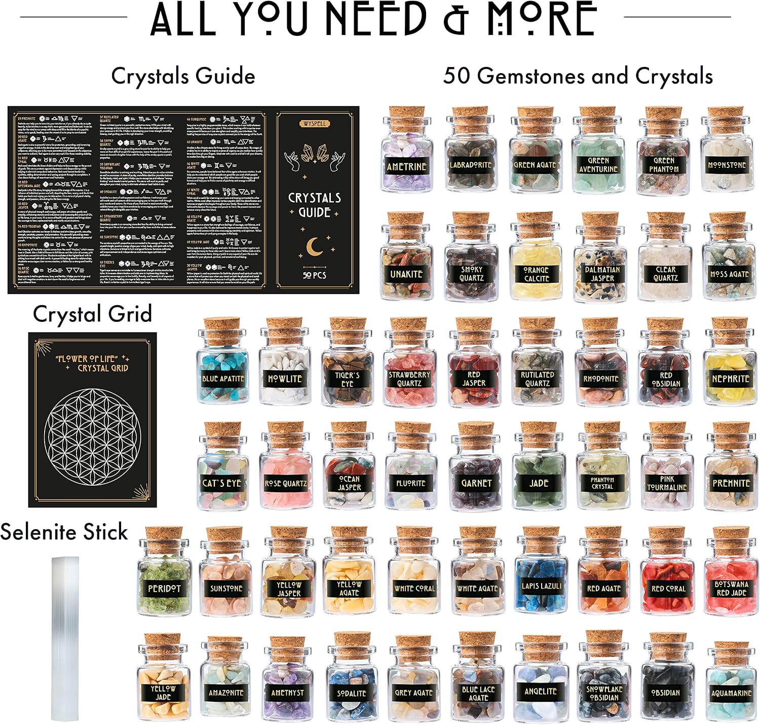 Bulk Crystals and Healing Stones 50 PCS - Real Mini Crystals for Spell Jars | Natural Crystals & Selenite Stick - Healing Crystal Set for Witchcraft Supplies - Beginners Set - Perfect Spiritual Gift