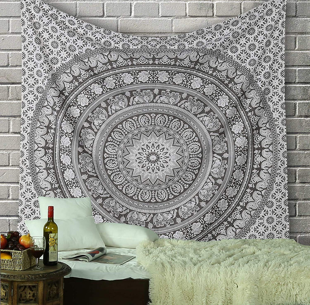 RAJRANG Mandala Wandteppich Schwarz Weiß 213 x 137 cm Baumwolle Boho Böhmischer Wandbehang für Wohnzimmer Dekor