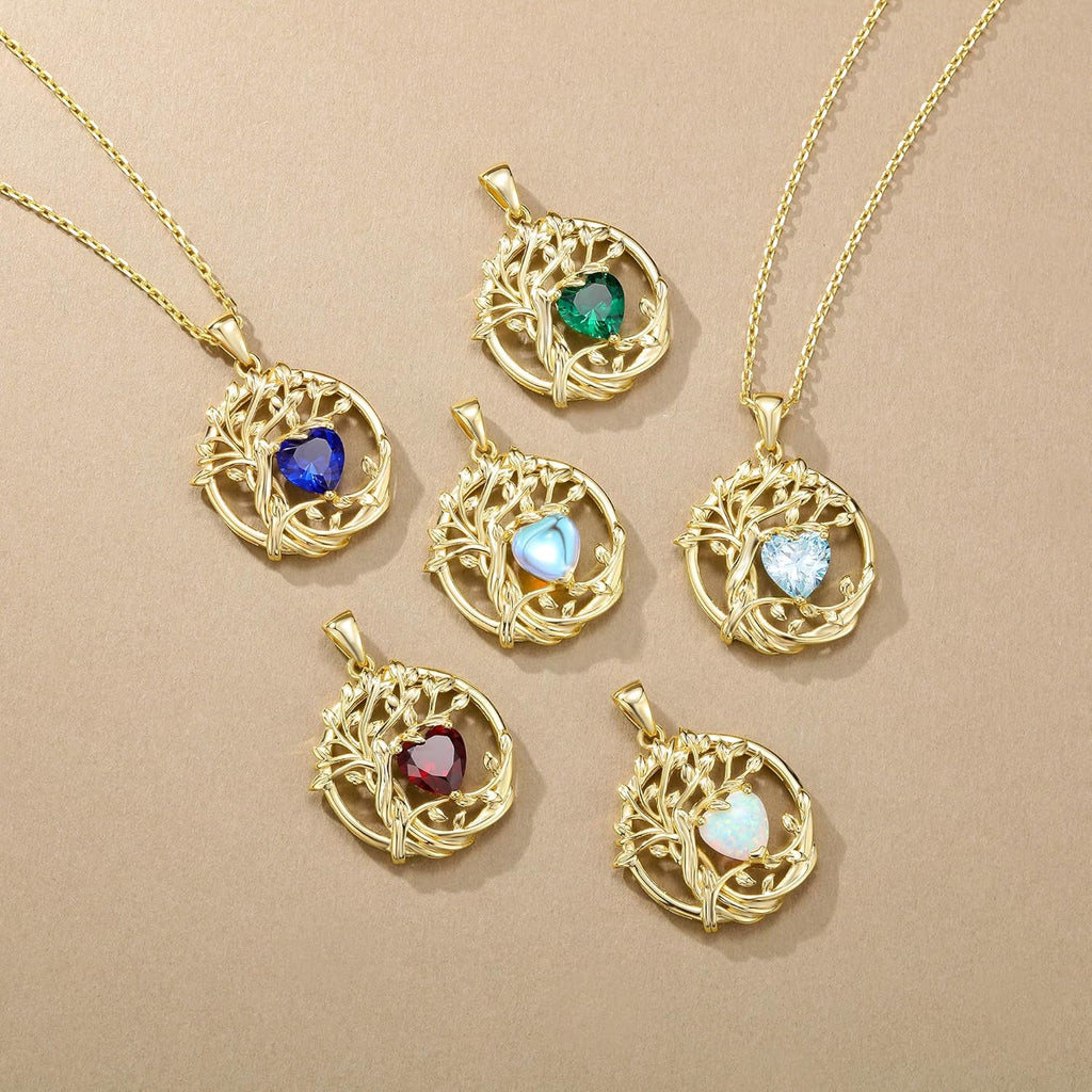FANCIME Lebensbaum Geburtstein Kette für Damen Gelbgold Vergoldet Baum des Lebens Edelstein Anhänger Halskette Schmuck Geschenke für Damen Frauen Mädchen, Kettenlänge: 40+5 cm