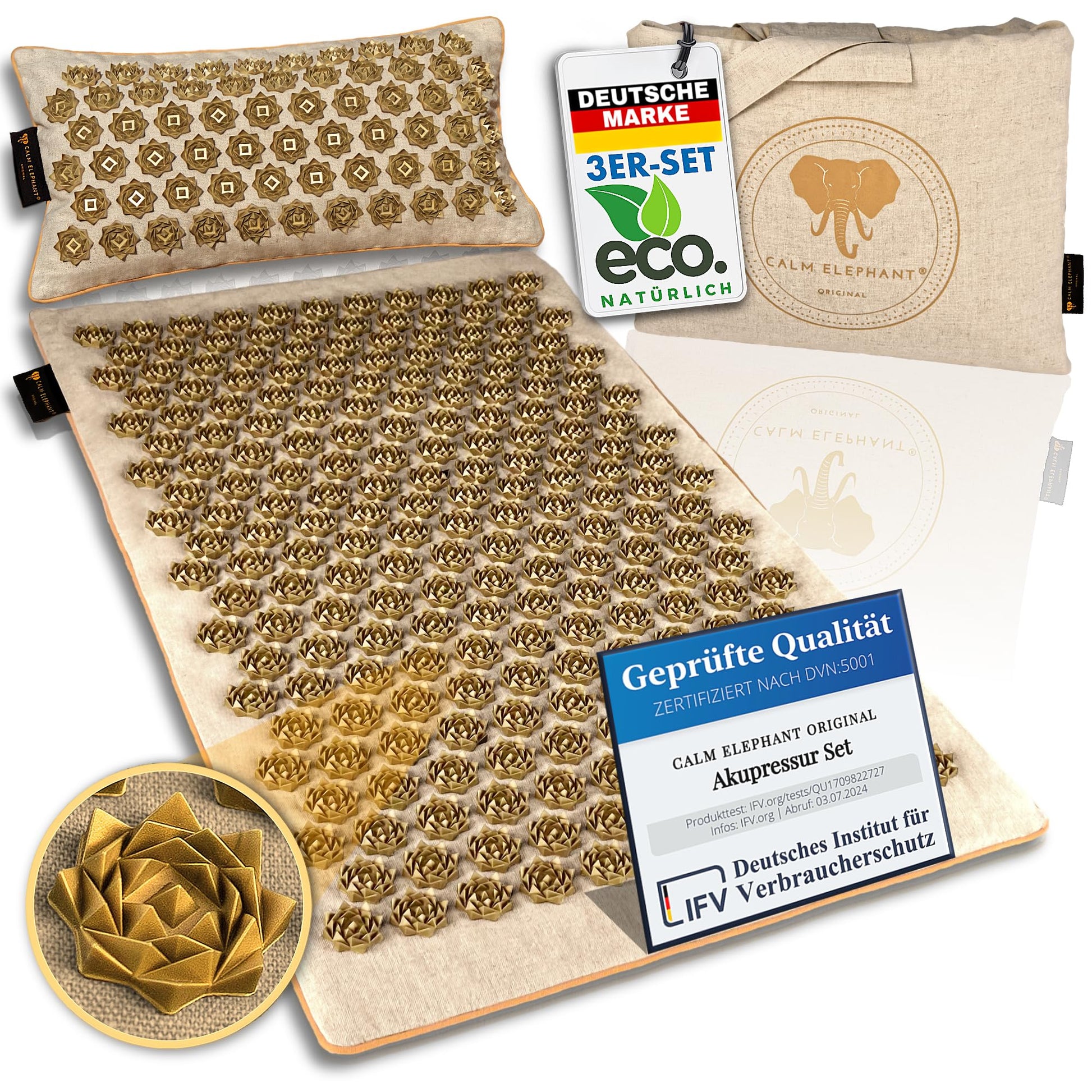 CALM ELEPHANT ORIGINAL® Akupressurmatte mit Kissen XXL Set GENUINE 5-teilig, Massagematte Rücken, Verspannungen lösen, Akupunktur Matte, Kissen mit Wärmefunktion, Lendenkissen, Fußmatte & Tasche, grau