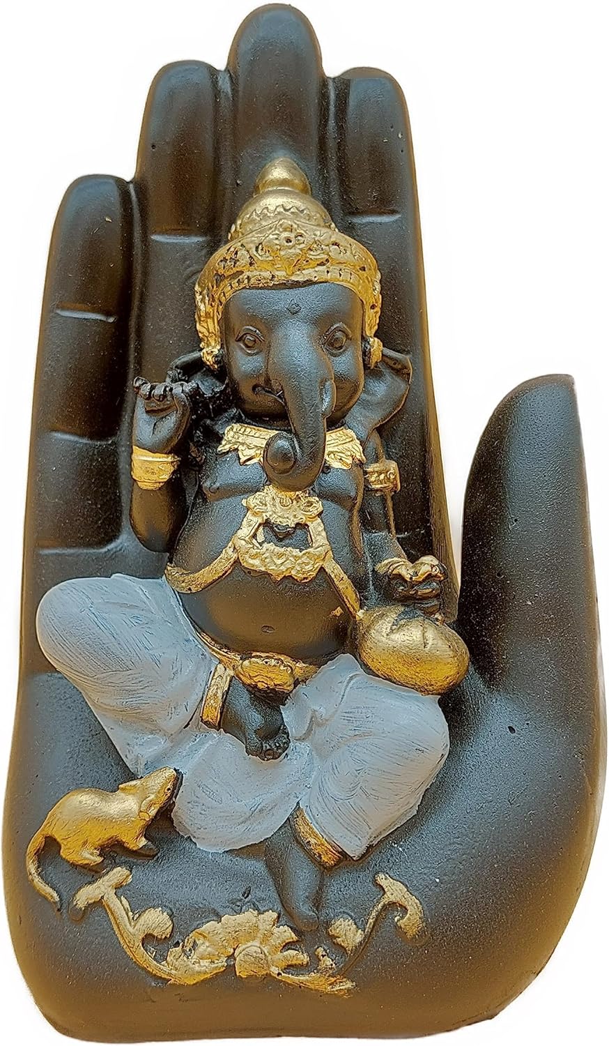 Hand Palm Glücksgott Ganesha Statue Marmor Harz schwarz Gold 17x9,5x6,5 cm | Dekoration Spiritualität Glück Harmonie