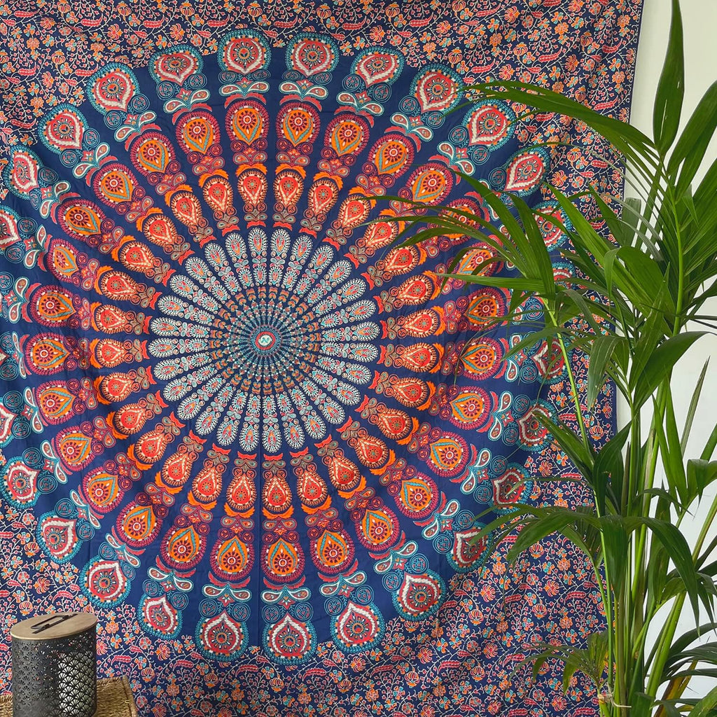 MOMOMUS Wandteppich Mandala - Mehrzweck, Bunt, 100% Baumwolle - Ideal als Wandteppich Aesthetic, Wandtuch Boho, Indischer Wandbehang aus Stoff oder Wall Tapestry - Blau und Rot, 210x230 cm