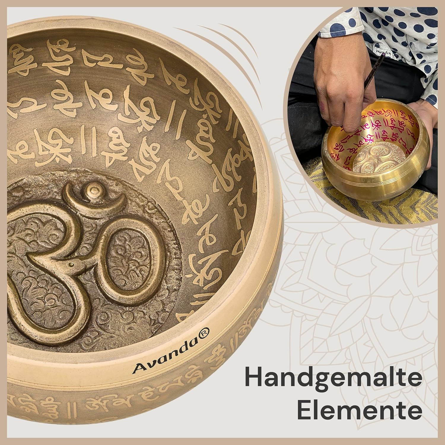 Tibetisches Klangschale-Set Om für Yoga, Meditation und Entspannung - handbemalte Tibetische Klangschale Ø 16 cm, Doppel-Schlägel mit Filz und Leder, Ring-Kissen, Beutel und Anleitung