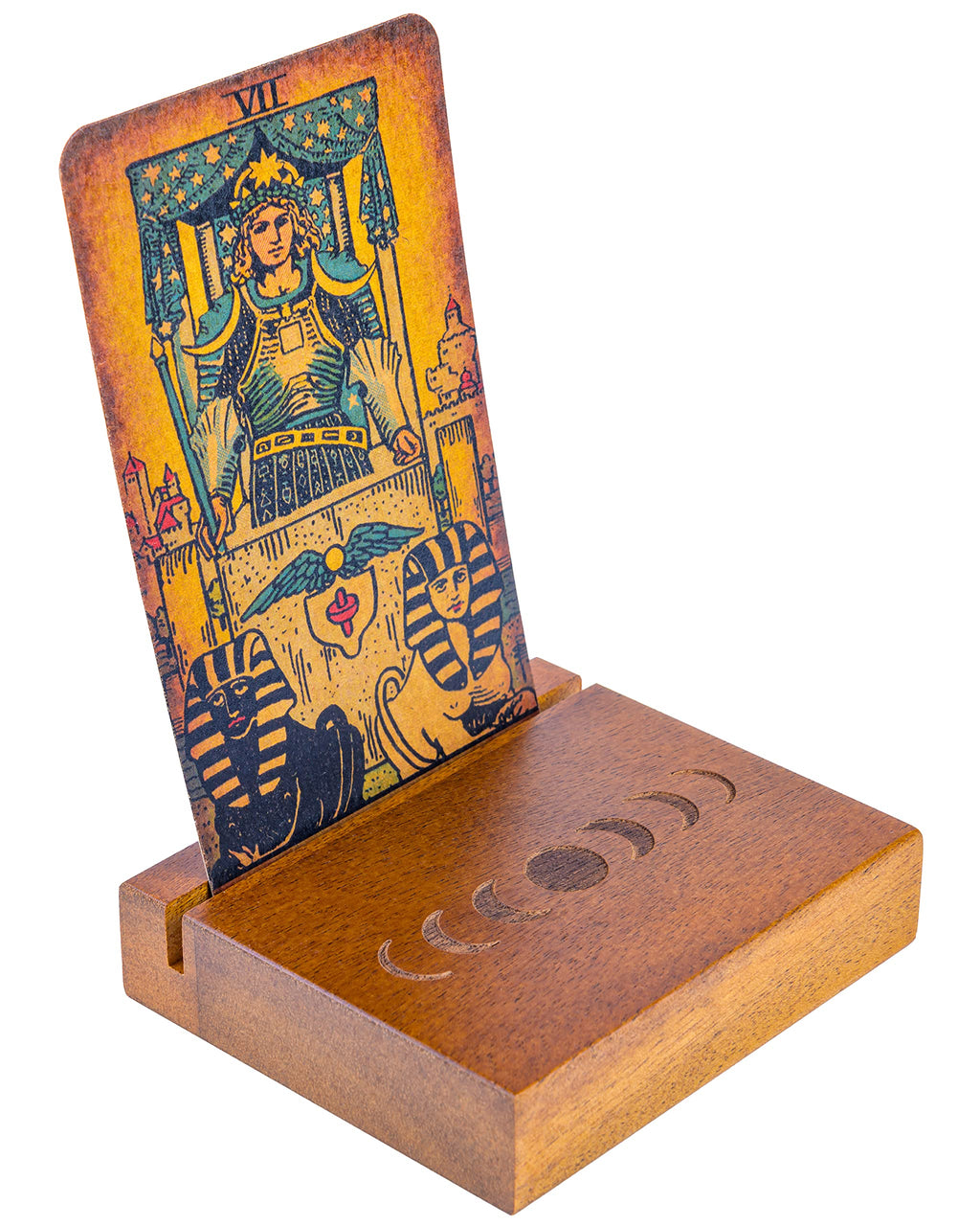 Curawood Tarot Card Holder Box for Immersive Readings - 3 Tarot Card Stand & Crystal Holder - Moon Phase Design Tarot Display Deck Holder & Crystal Tray - Witchcraft Decor - Wiccan Altar Supplies