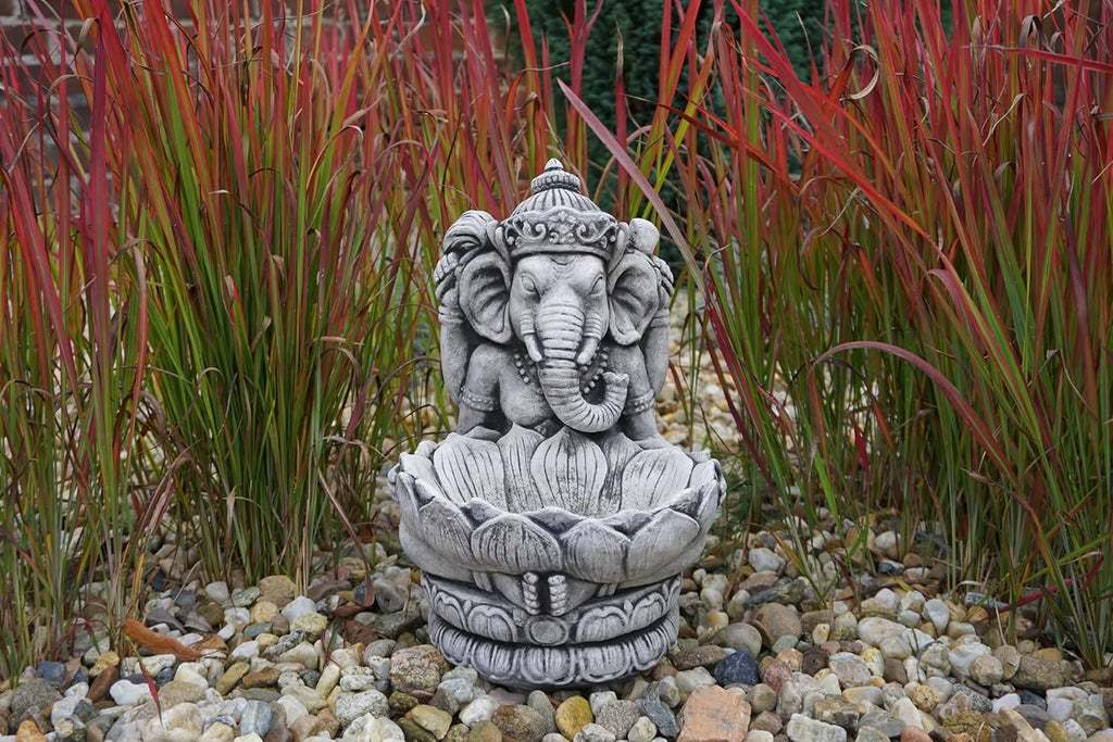 gartendekoparadies.de Massive Steinfigur des göttlichen Ganesha mit Schale, Höhe 34 cm, 11 kg, Gott Hinduismus aus Steinguss frostfest (Schwarz)