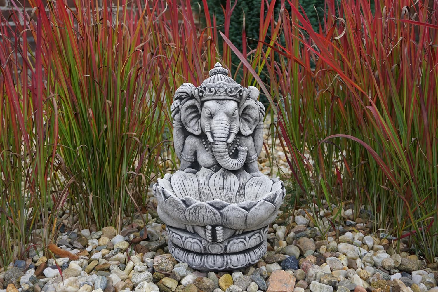 gartendekoparadies.de Massive Steinfigur des göttlichen Ganesha mit Schale, Höhe 34 cm, 11 kg, Gott Hinduismus aus Steinguss frostfest (Schwarz)