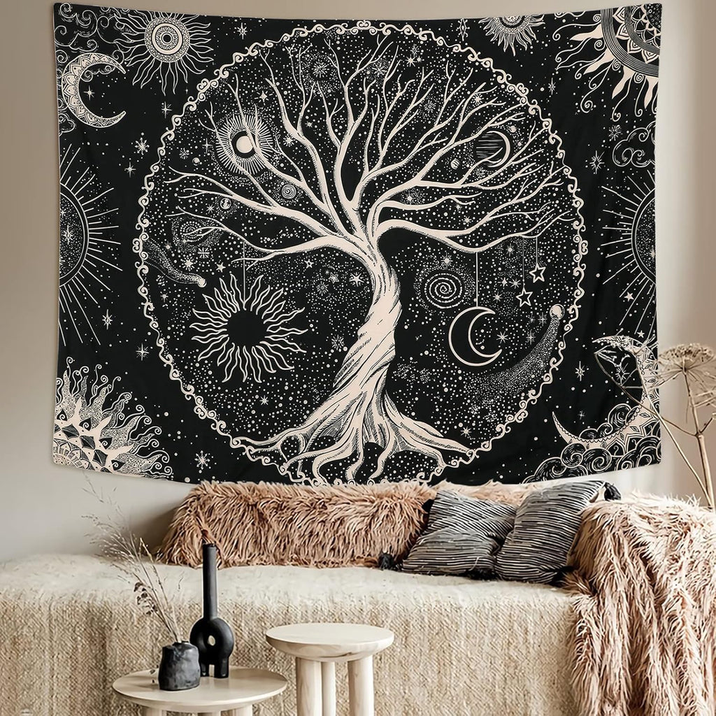 Betylifoy Baum des Lebens Tapisserie Mond und Sonne Schwarzer Wandbehang Tapisserie Psychedelisches Mandala Sternenhimmel Wandteppich Hippie Tapisserie für Schlafzimmer (148x200cm)