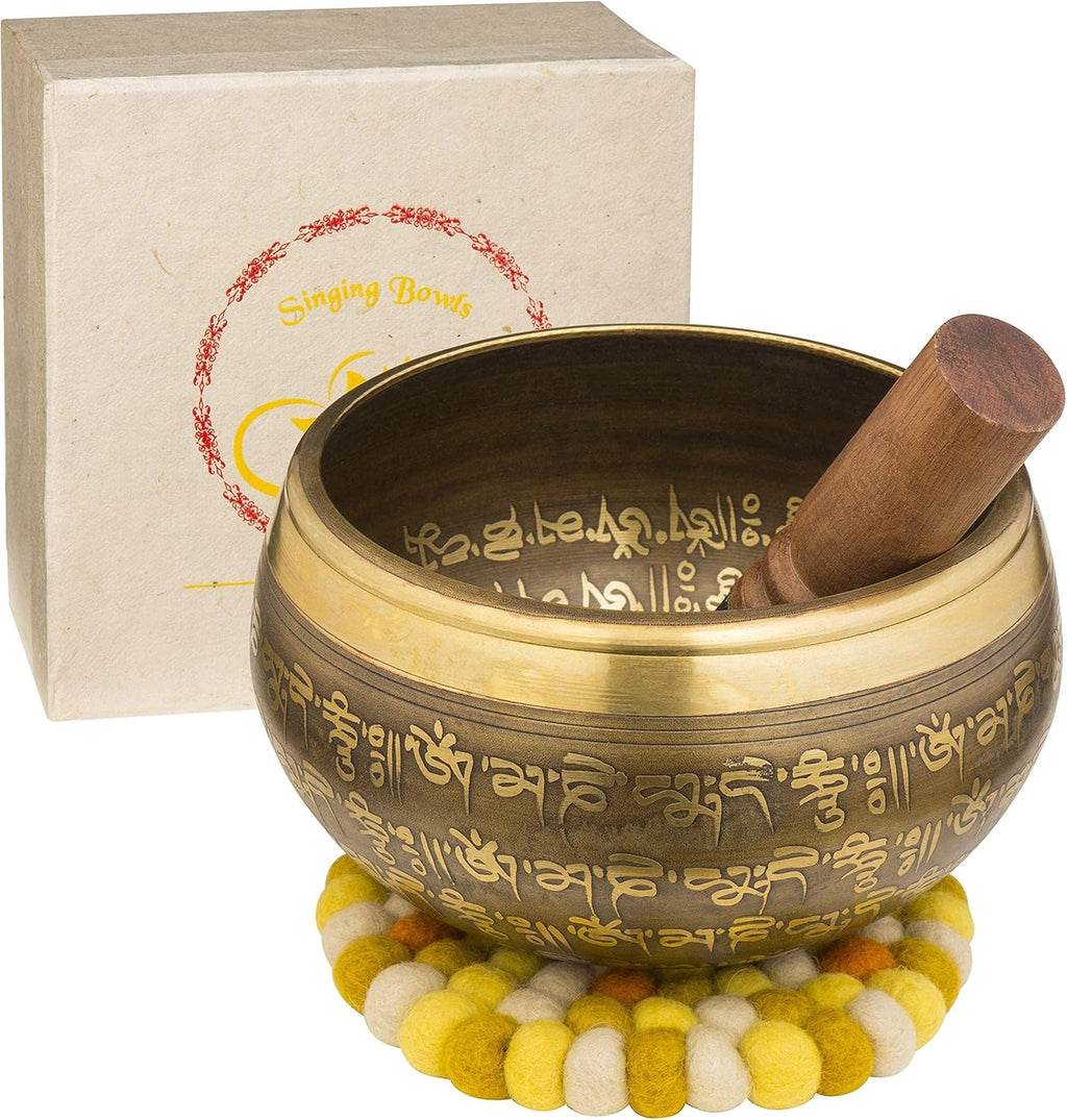 XXL Klangschale 800g - 15cm. Große Tibetische Klangschalen Set mit Klöppel und Klangschalenkissen in Loktapapier Geschenk-Box. Singing Bowl aus Tibet