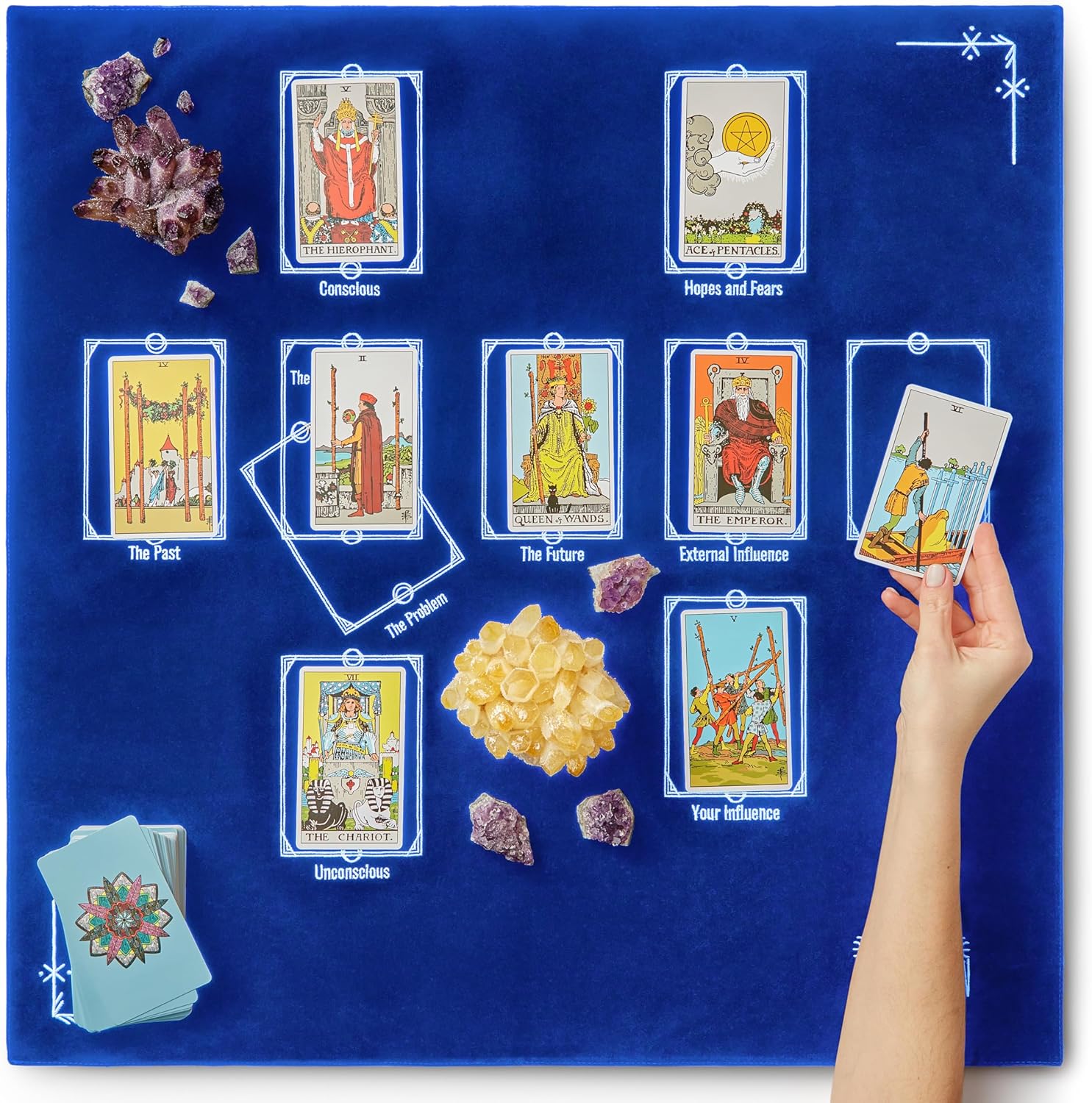 Tarot Divination Table Cloth for Reading and Altar Cloth Moon Alter, Cloth Witchy Embroidery Velvet Silk Touch Satin Celtic Cross (Blue)