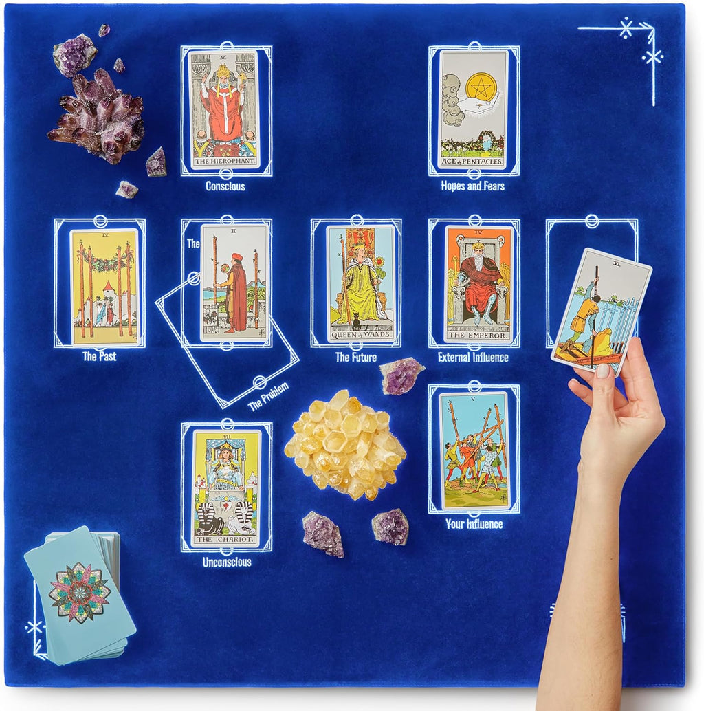 Tarot Divination Table Cloth for Reading and Altar Cloth Moon Alter, Cloth Witchy Embroidery Velvet Silk Touch Satin Celtic Cross (Blue)