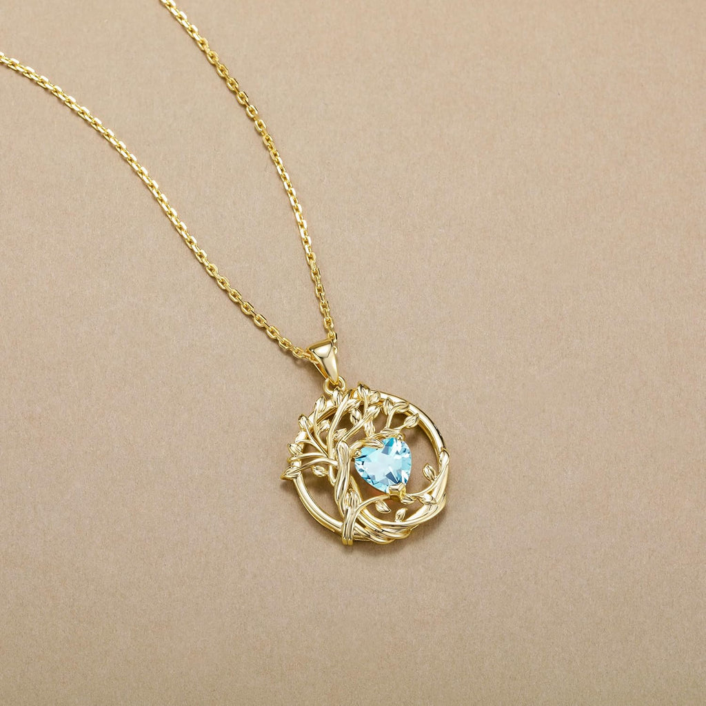 FANCIME Lebensbaum Geburtstein Kette für Damen Gelbgold Vergoldet Baum des Lebens Edelstein Anhänger Halskette Schmuck Geschenke für Damen Frauen Mädchen, Kettenlänge: 40+5 cm