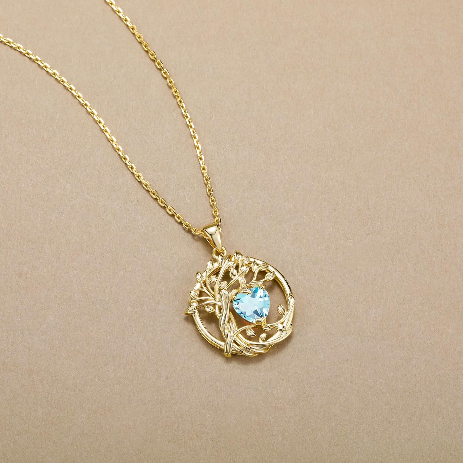 FANCIME Lebensbaum Geburtstein Kette für Damen Gelbgold Vergoldet Baum des Lebens Edelstein Anhänger Halskette Schmuck Geschenke für Damen Frauen Mädchen, Kettenlänge: 40+5 cm