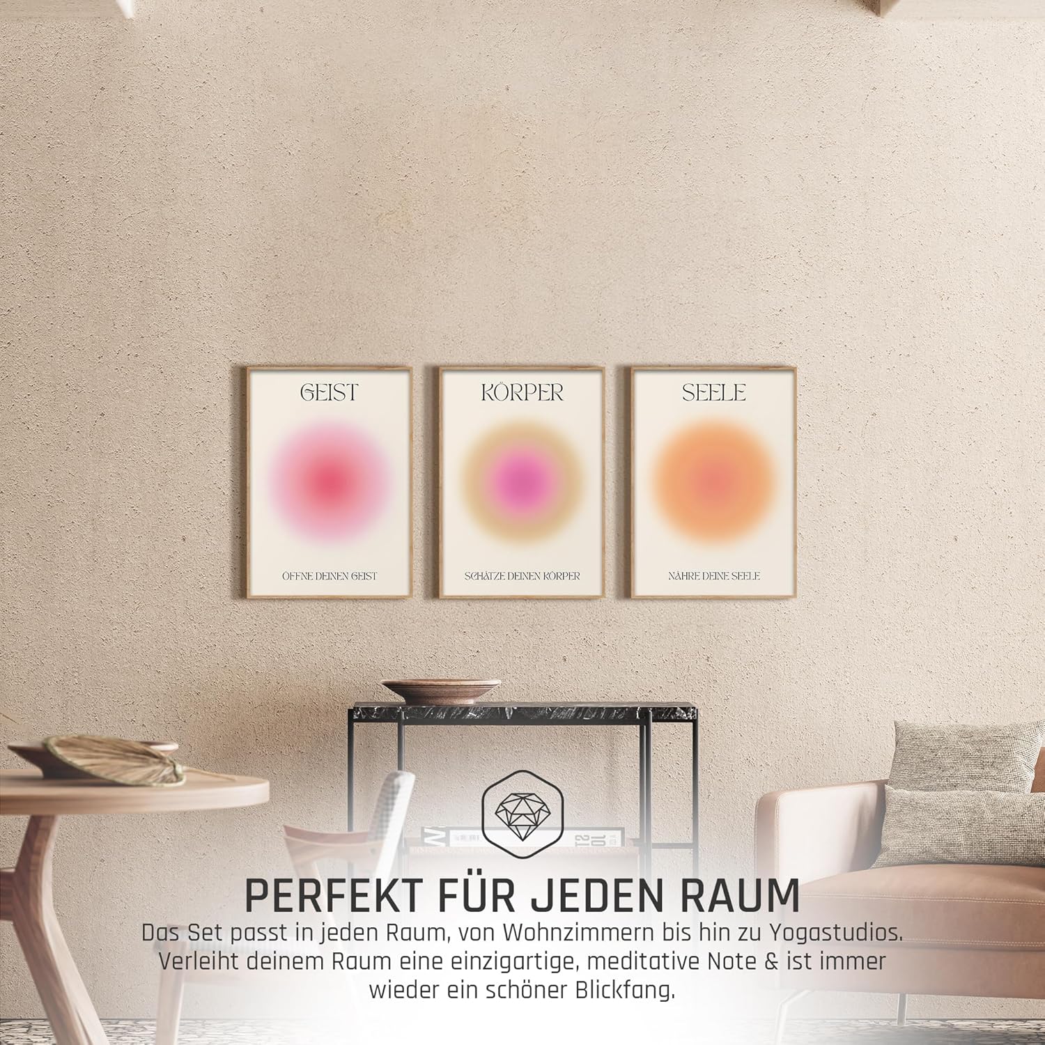 Geist Körper Seele Yoga Poster Set Achtsamkeit Aura Farben Wanddeko Inspirierende Bilder Mindfulness Schlafzimmer Deko Wohnzimmer Dekoration Homeoffice Achtsamkeitsposter (3x A4 | Ohne Rahmen)