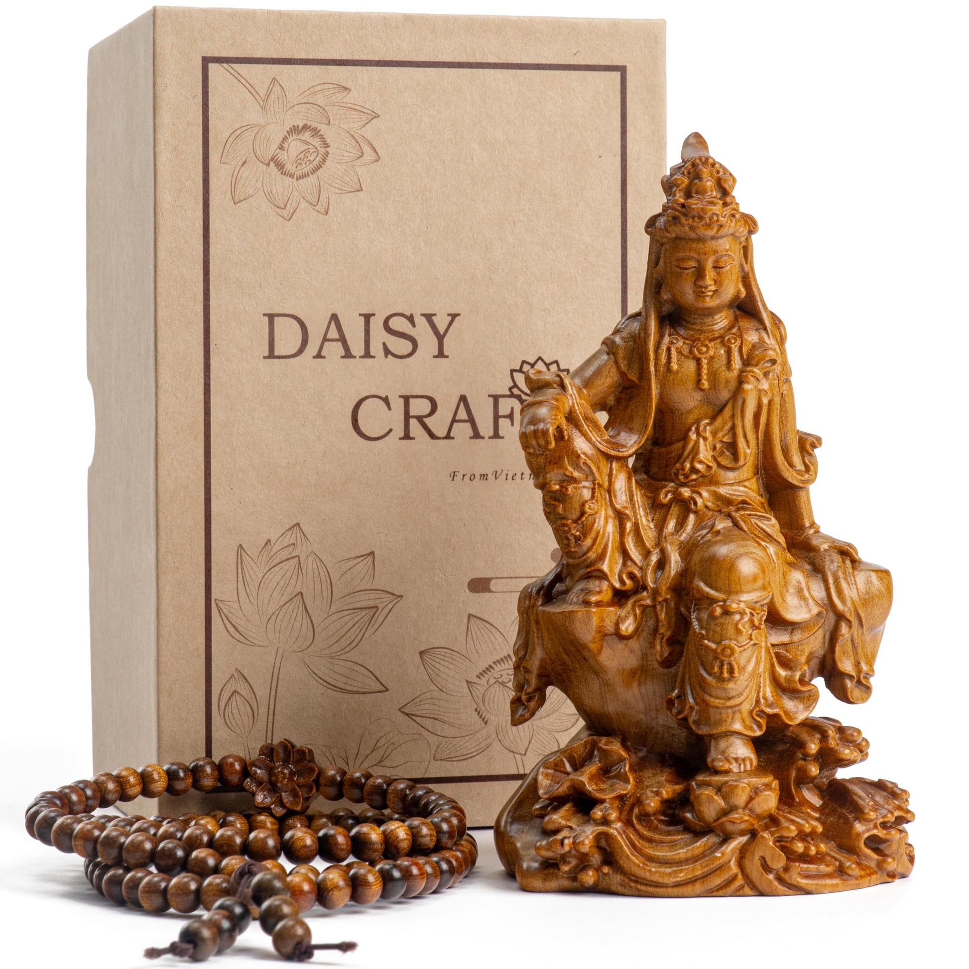 Wooden Buddha Statue with Gift Box and 108 Bead Mala - Hand Carved Shakyamuni Buddha 15cm/6in for Meditation, Altar, Zen Decor - Buddhist Spiritual Gift Set for Peace and Mindfulness