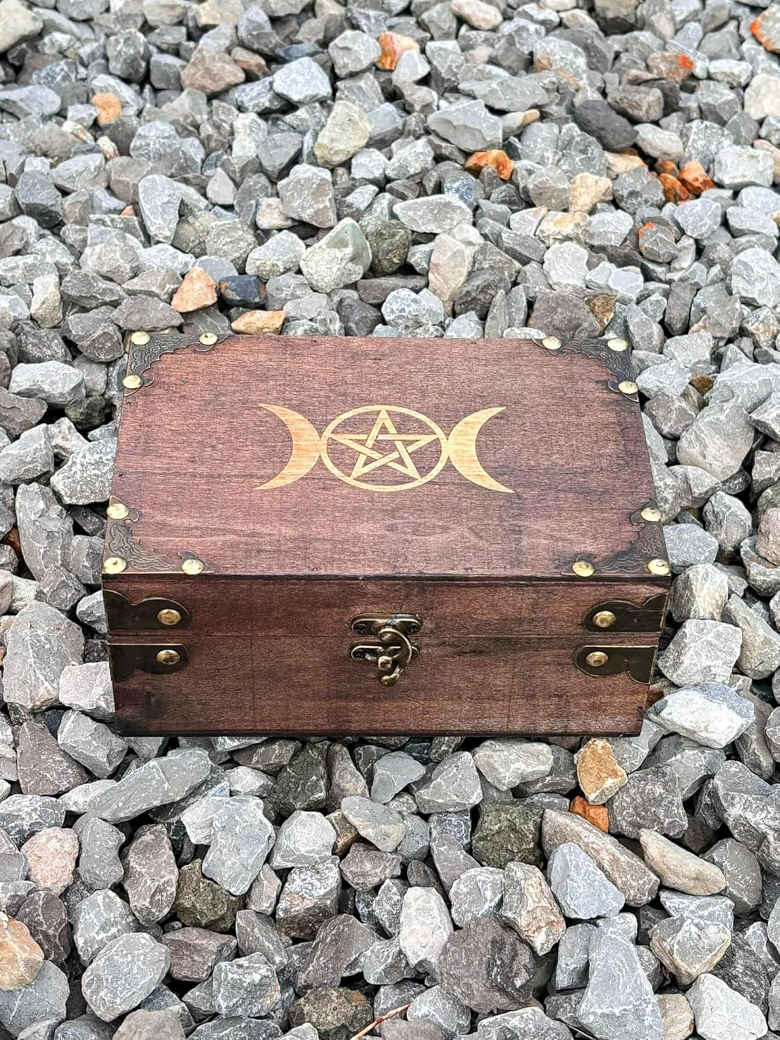 Triple Moon Goddess Pentagram Engraved Wooden Chest with Velvet Lining Wiccan Accessories and Tool Storage Keepsake Jewelry Organizer