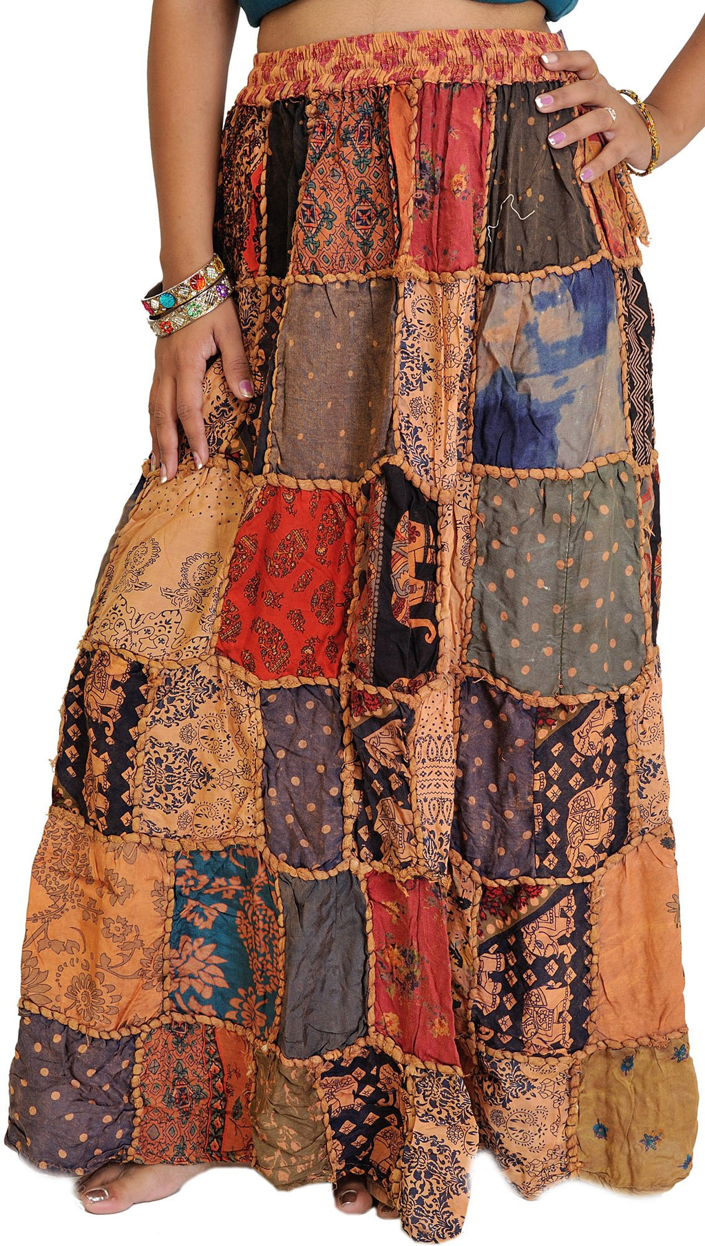 Exotic India Long Printed Dori Skirt from Gujarat with Patch Work - Rayon