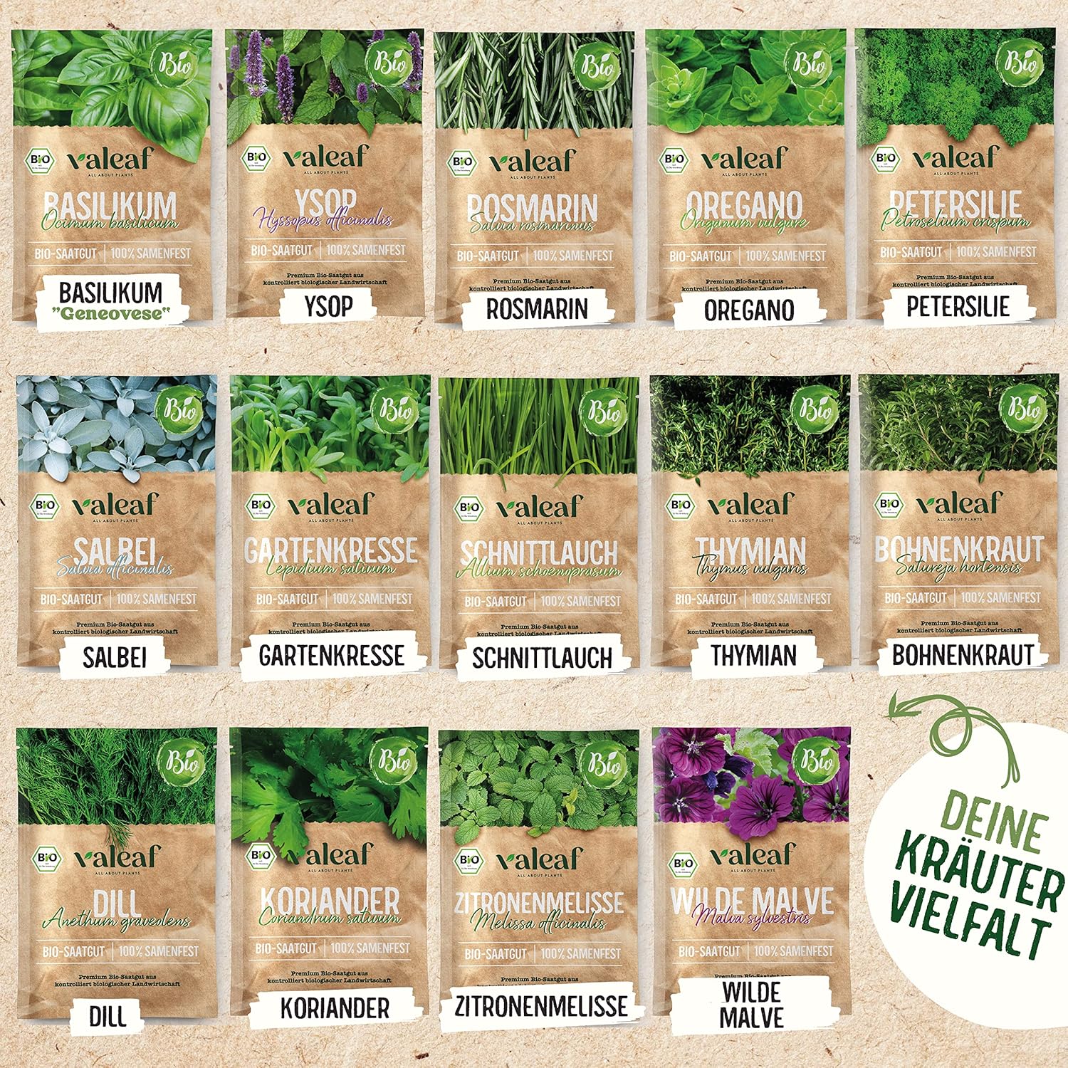 BIO Kräuter Samen Set - 14 Sorten Kräutersamen aus biologischem Anbau, samenfestes Bio Saatgut, Küchenkräuter Set für Küche, Balkon und Garten, 14er Samen Set (Samensorten können etwas variieren)