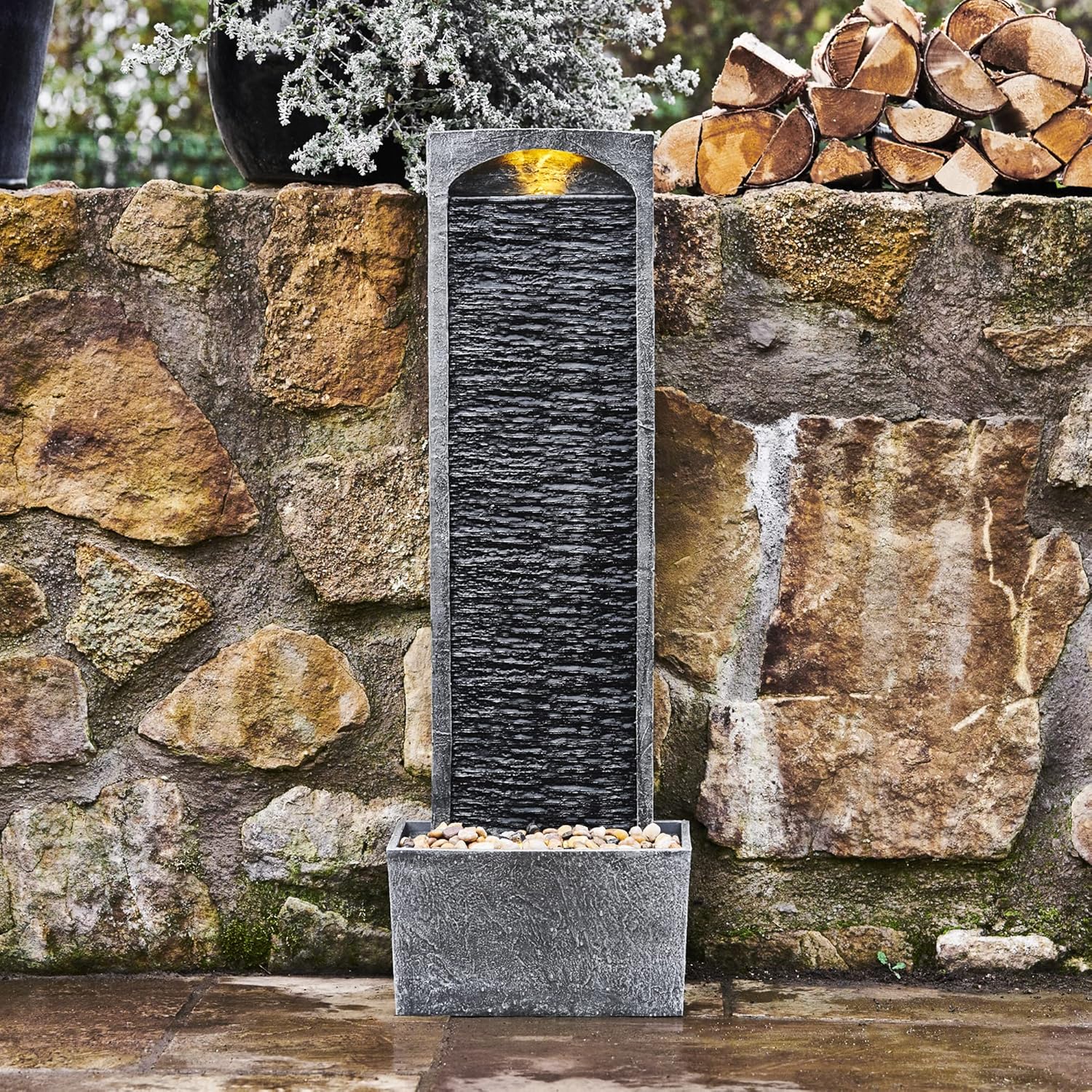 Peaktop RJ-19041-EU Garden Patio Stone 38 Inch Upright Waterfall Fountain