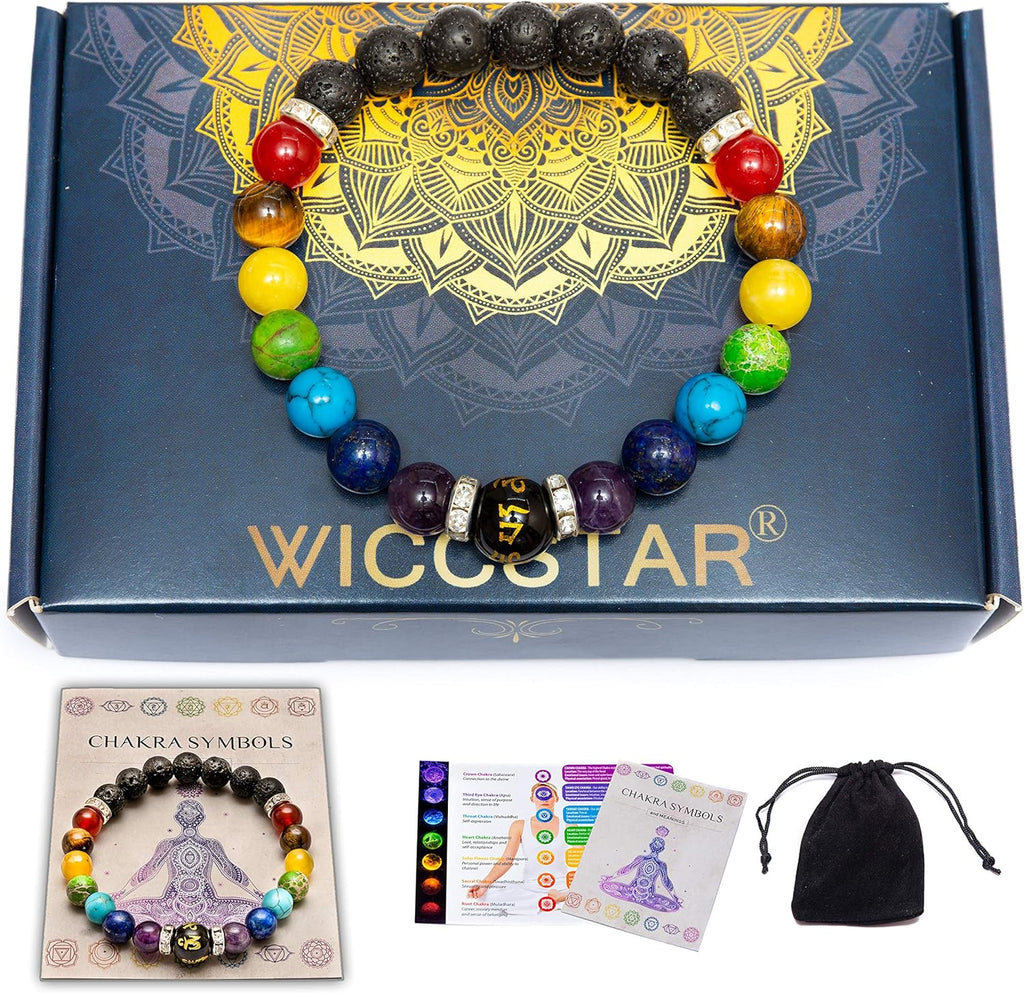 WICCSTAR Doppelt Chakra Armband mit Schmuckbeutel & bedeutung Karte
