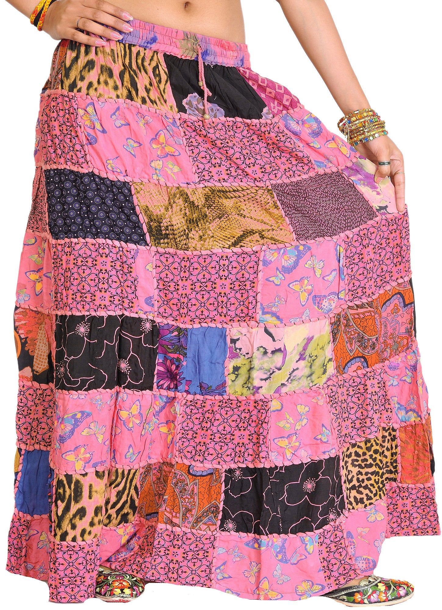 Exotic India Long Printed Dori Skirt from Gujarat with Patch Work - Rayon