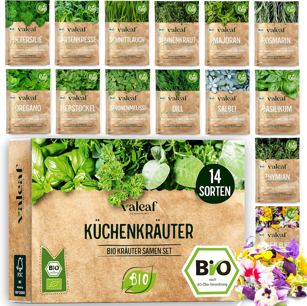 BIO Kräuter Samen Set - 14 Sorten Kräutersamen aus biologischem Anbau, samenfestes Bio Saatgut, Küchenkräuter Set für Küche, Balkon und Garten, 14er Samen Set (Samensorten können etwas variieren)