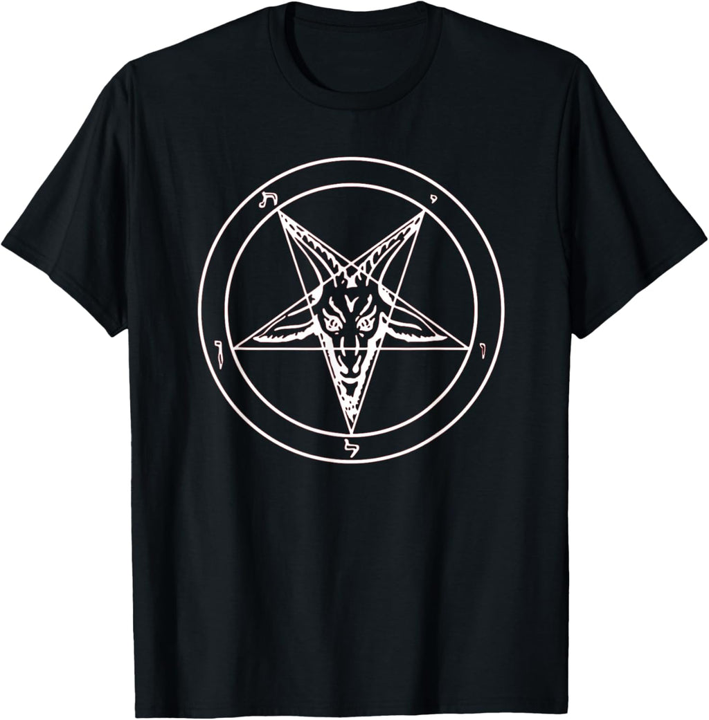 666 Satan Black Star Motif with Skull Pentagram T-Shirt, black