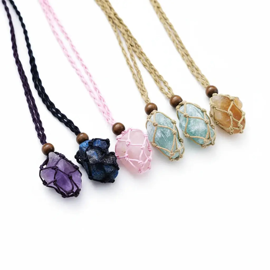 Boho Raw Crystal Macrame Necklace – Natural Stone Handmade Spiritual Pendant for Women