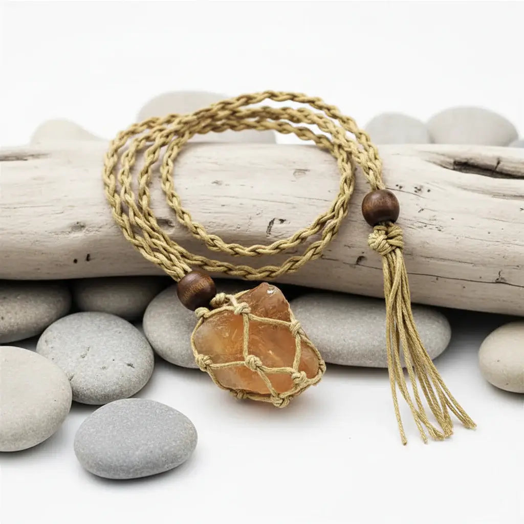 Boho Raw Crystal Macrame Necklace – Natural Stone Handmade Spiritual Pendant for Women