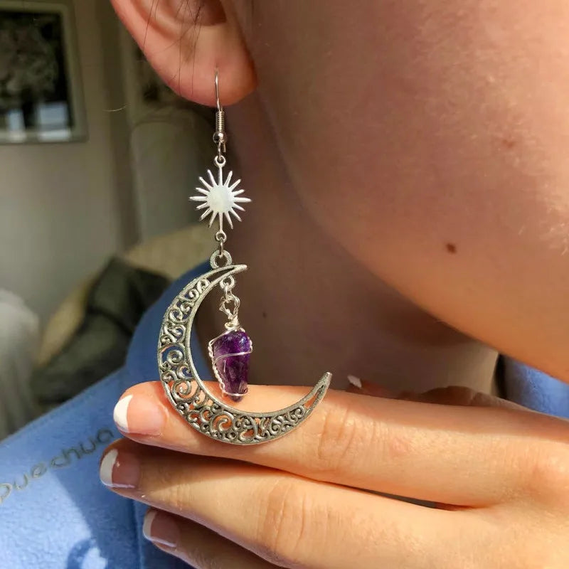 Witchy Crescent Sun Moon Amethyst Crystals Stone Earring Wicca Healing Crystal Magic Protection Celestial Jewelry Women Gift