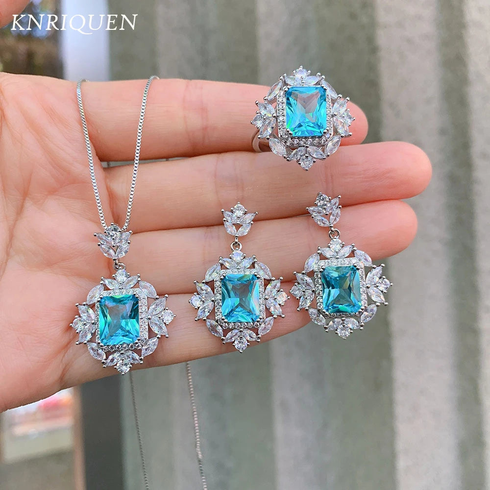 2021 Trend Wedding Jewelry Sets for Women Vintage 8*10mm Aquamarine Stone Rings/Drop Earrings/Pendant/Necklace Birthday Gift