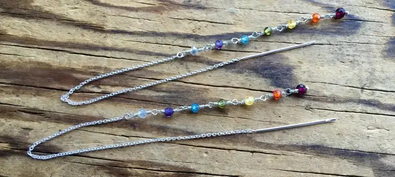Chakra Threader Earrings , 7 Chakra Jewelry, Threader Earrings Aura Cleansing Healing Jewelry with Meaning