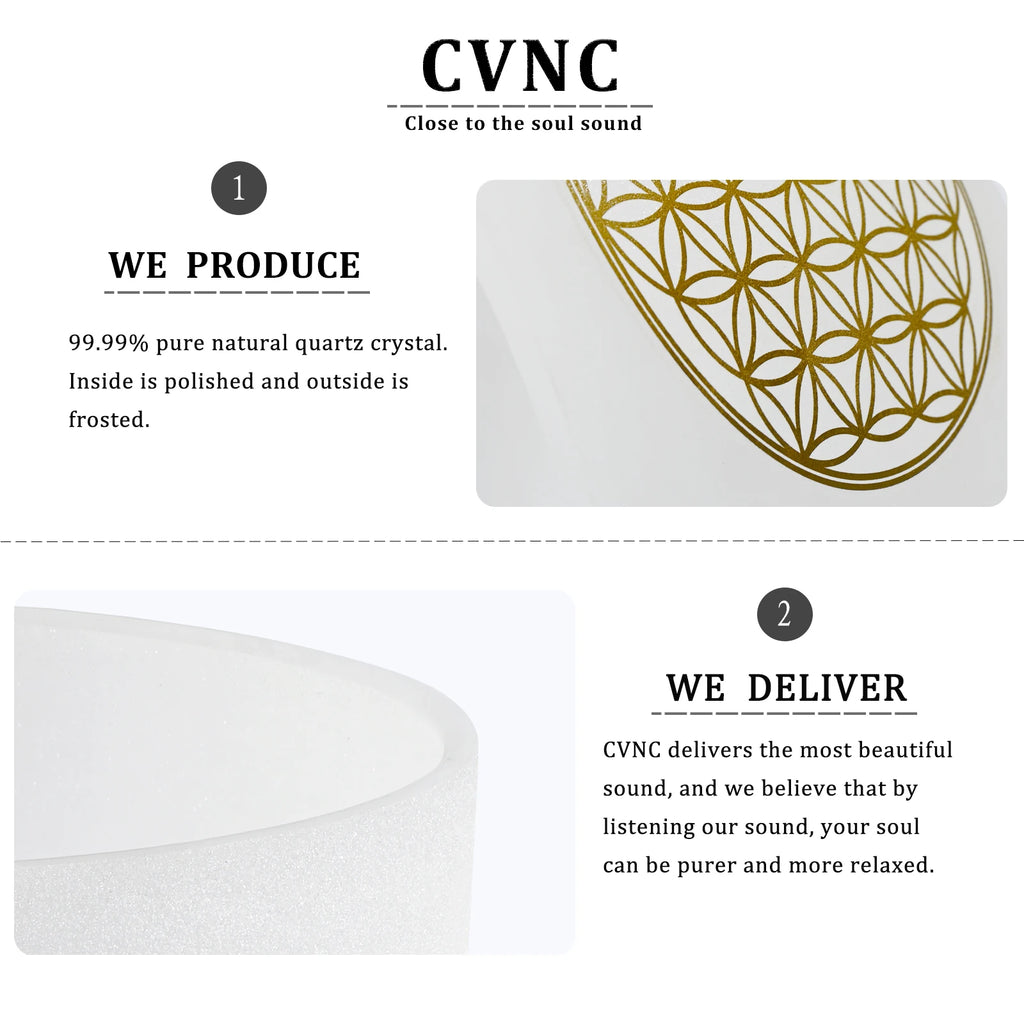 CVNC 528Hz 8 Inch C Note Life Flower Design Chakra Frosted Quartz Crystal Singing Bowl for Sound Healing with Mallet