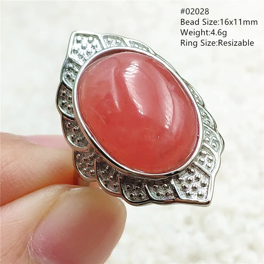Ice Natural Red Rhodochrosite Rose Adjustable Ring 13x10mm 925 Sterling Silver For Women Ring Oval Bead AAAAA