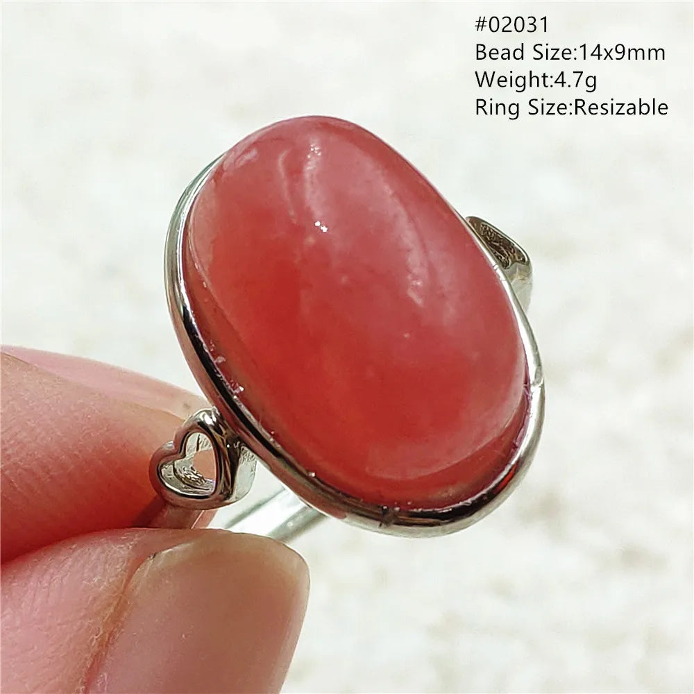 Ice Natural Red Rhodochrosite Rose Adjustable Ring 13x10mm 925 Sterling Silver For Women Ring Oval Bead AAAAA
