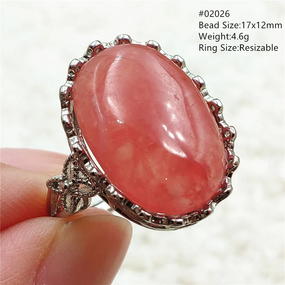 Ice Natural Red Rhodochrosite Rose Adjustable Ring 13x10mm 925 Sterling Silver For Women Ring Oval Bead AAAAA