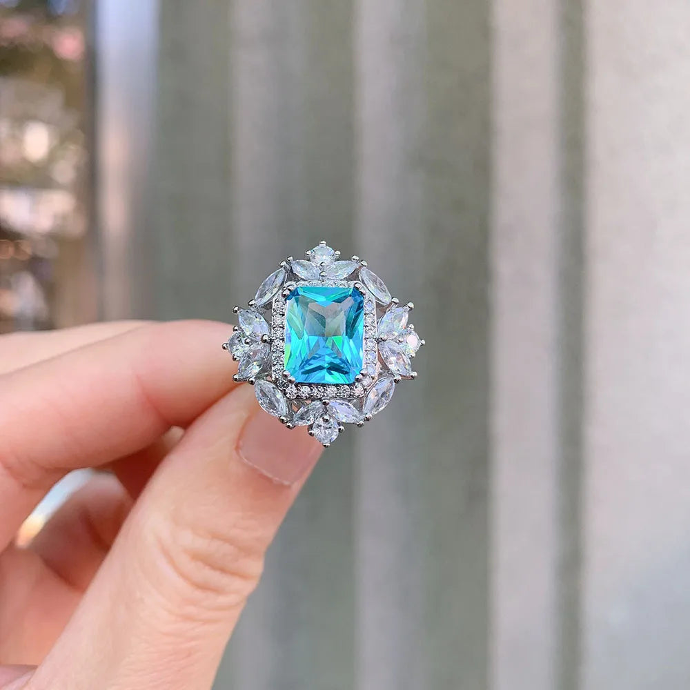 2021 Trend Wedding Jewelry Sets for Women Vintage 8*10mm Aquamarine Stone Rings/Drop Earrings/Pendant/Necklace Birthday Gift
