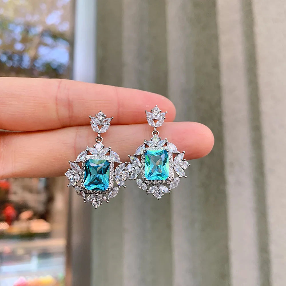 2021 Trend Wedding Jewelry Sets for Women Vintage 8*10mm Aquamarine Stone Rings/Drop Earrings/Pendant/Necklace Birthday Gift