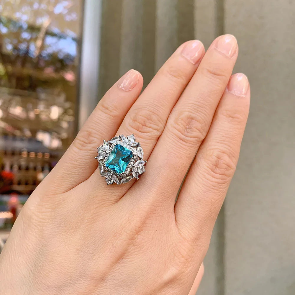 2021 Trend Wedding Jewelry Sets for Women Vintage 8*10mm Aquamarine Stone Rings/Drop Earrings/Pendant/Necklace Birthday Gift