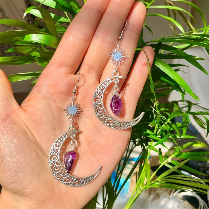 Witchy Crescent Sun Moon Amethyst Crystals Stone Earring Wicca Healing Crystal Magic Protection Celestial Jewelry Women Gift