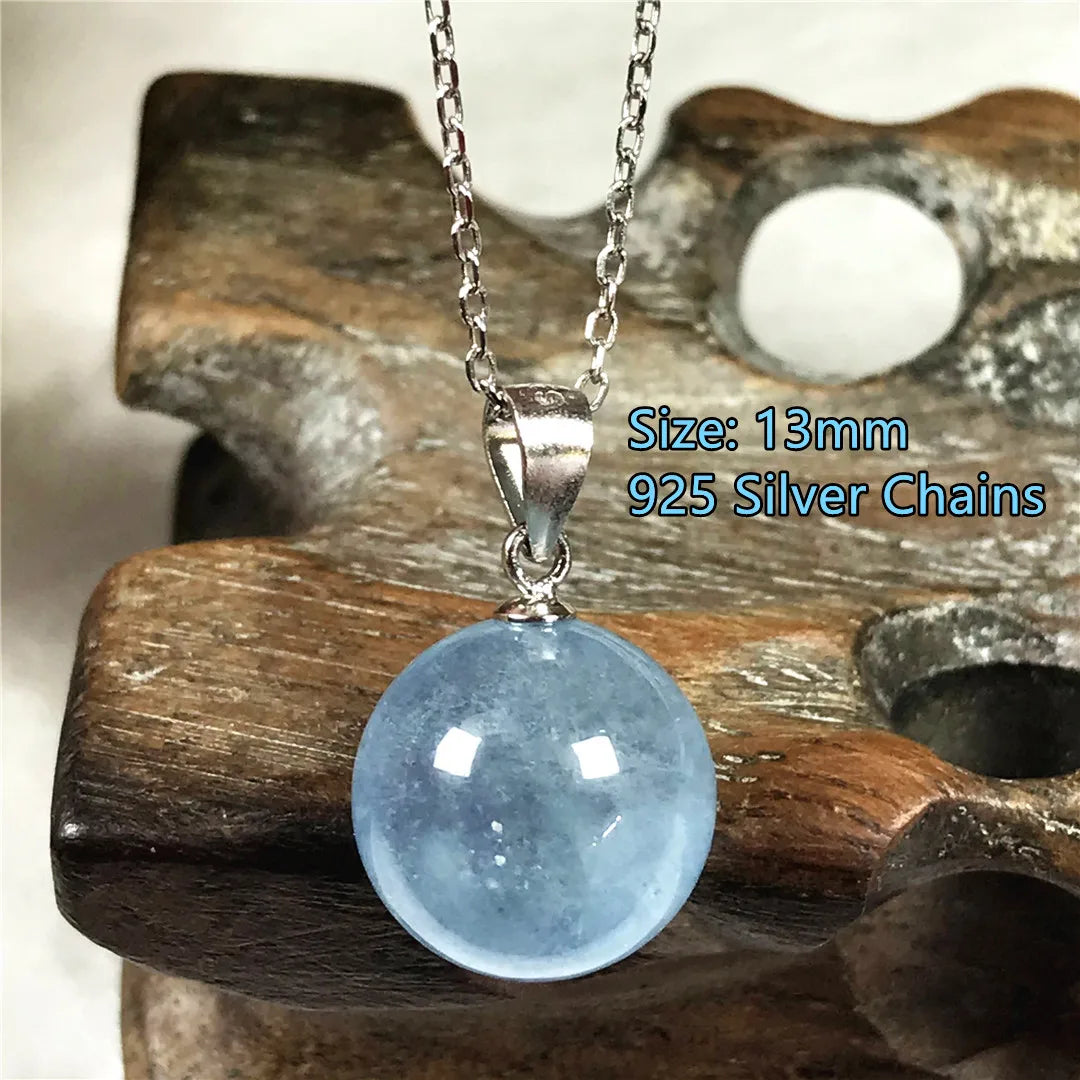13mm Natural Blue Aquamarine Pendant Necklace For Women Lady Men Love Gift Crystal Round Beads Stone Jewelry Silver Chains AAAAA
