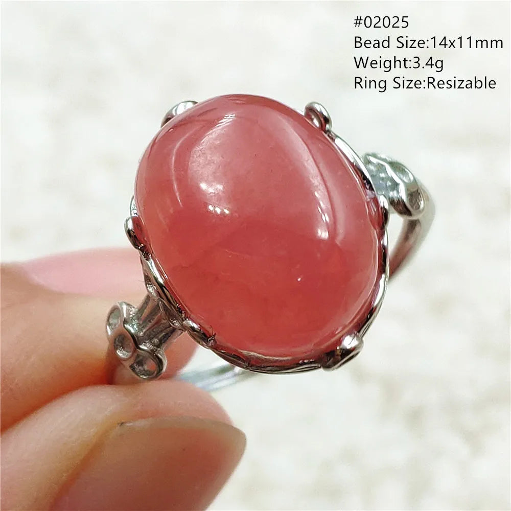 Ice Natural Red Rhodochrosite Rose Adjustable Ring 13x10mm 925 Sterling Silver For Women Ring Oval Bead AAAAA