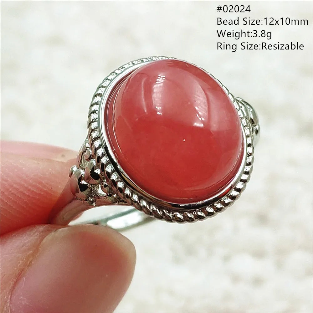 Ice Natural Red Rhodochrosite Rose Adjustable Ring 13x10mm 925 Sterling Silver For Women Ring Oval Bead AAAAA