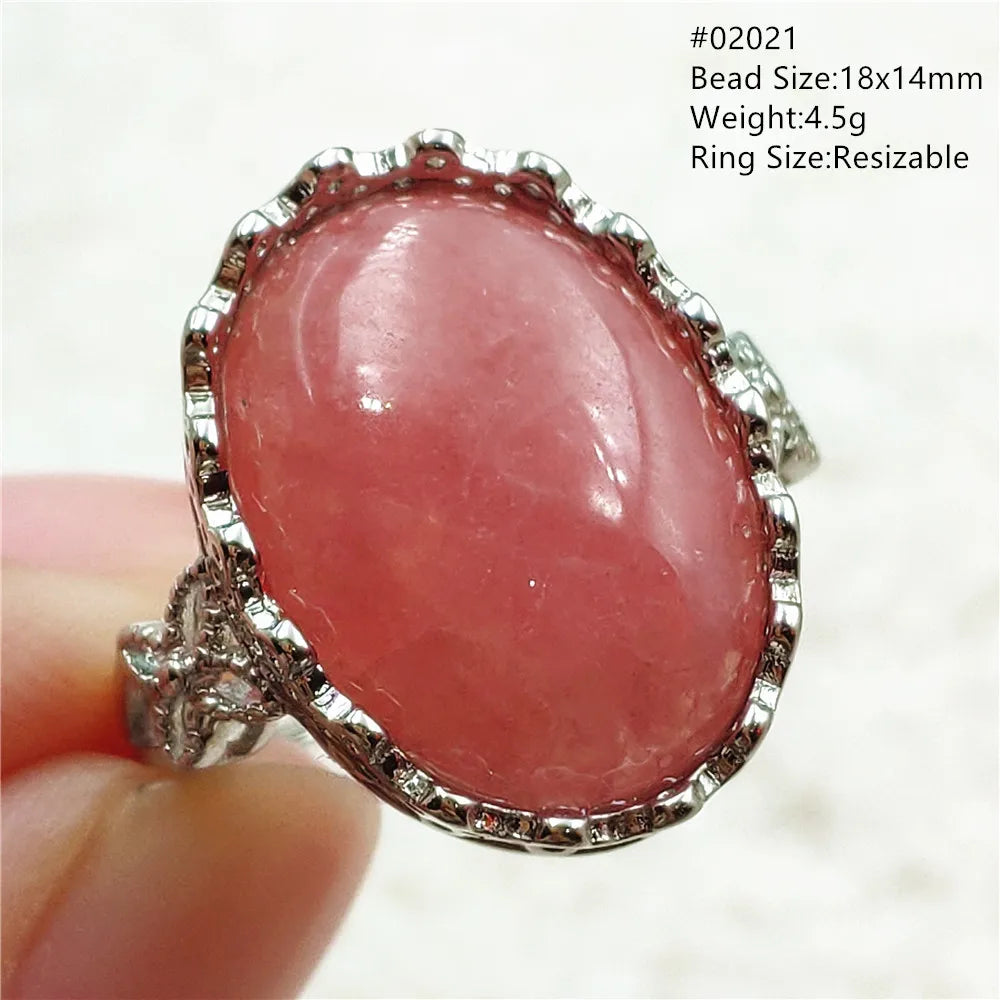 Ice Natural Red Rhodochrosite Rose Adjustable Ring 13x10mm 925 Sterling Silver For Women Ring Oval Bead AAAAA