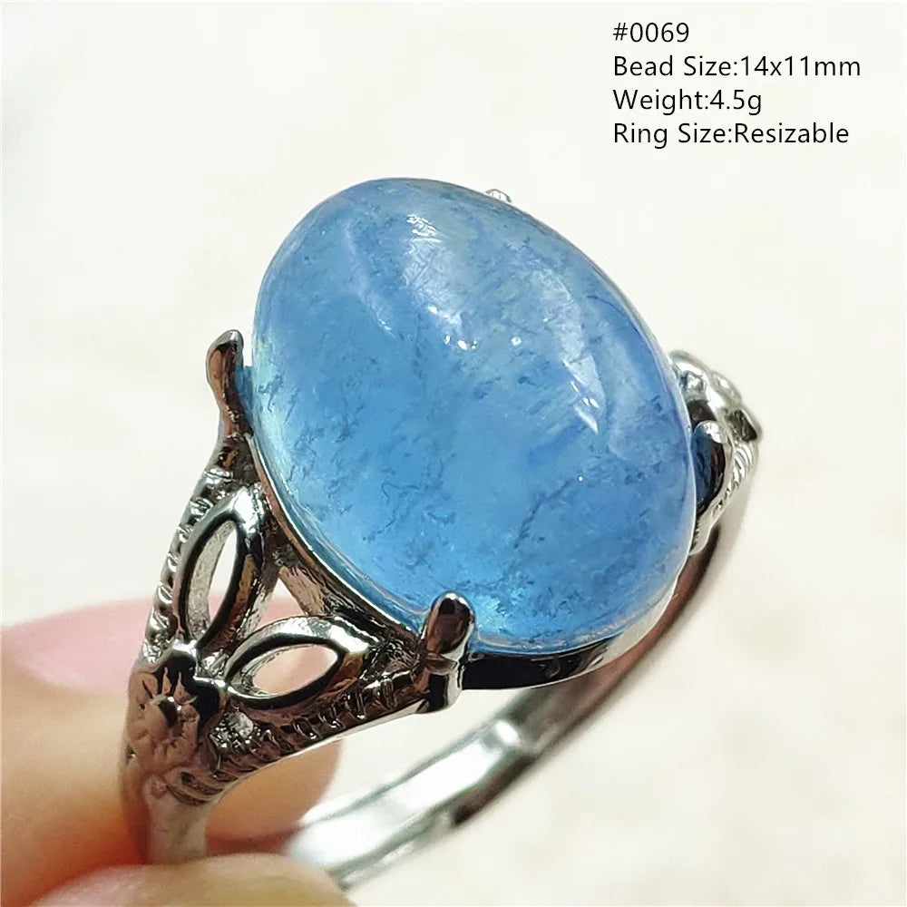 Natural Blue Aquamarine Beads Ring Adjustable Brazil Ring Oval 925 Sterling Silver Aquamarine Jewelry Women AAAAA