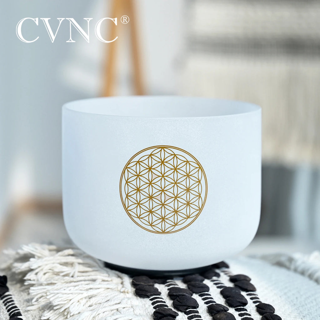 CVNC 528Hz 8 Inch C Note Life Flower Design Chakra Frosted Quartz Crystal Singing Bowl for Sound Healing with Mallet