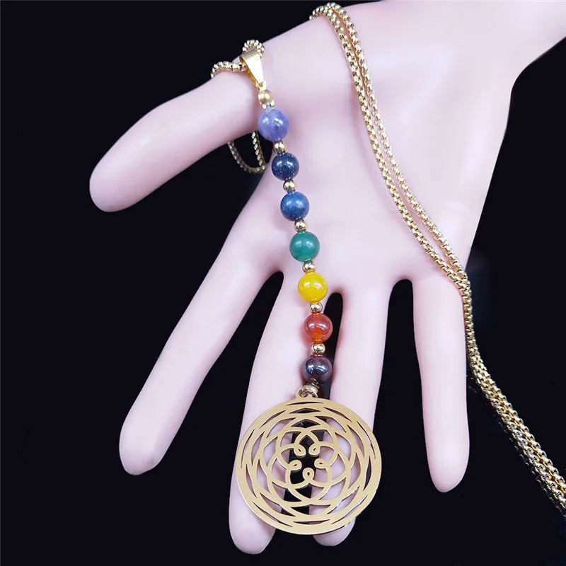 7 Chakra Yoga Flower of Life Necklace Lotus Buddhas Moon Carved Gem Stone Beads Necklaces Reiki Healing Balancing Maxi Jewelry